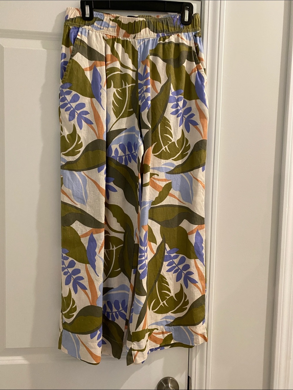 Tahari Olive Green Blue Cream Leaf-Print Wide-Leg Pants